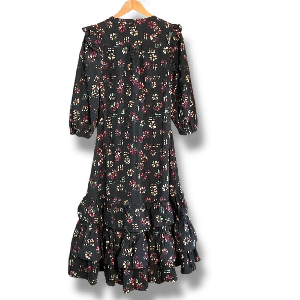 Warm Midnight Navy Blue Tie Dye Rainbow Floral Leila Midi Ruffle Dress Size 2 - Picture 3 of 9